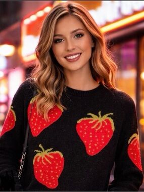 Forever 21 Strawberry Graphic Sweater Black Red Cozy Knit Size L EUC